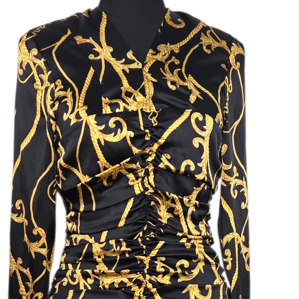 GANNI Baroque Print Silk Blend Ruched Midi Dress Black Gold EU 36 US 4 - Picture 14 of 15